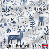 Minimal Nordic Deer Botanical Blue Grey Seamless Pattern Digital Print Fabric by the Metre UK Sewing Quilting Textile