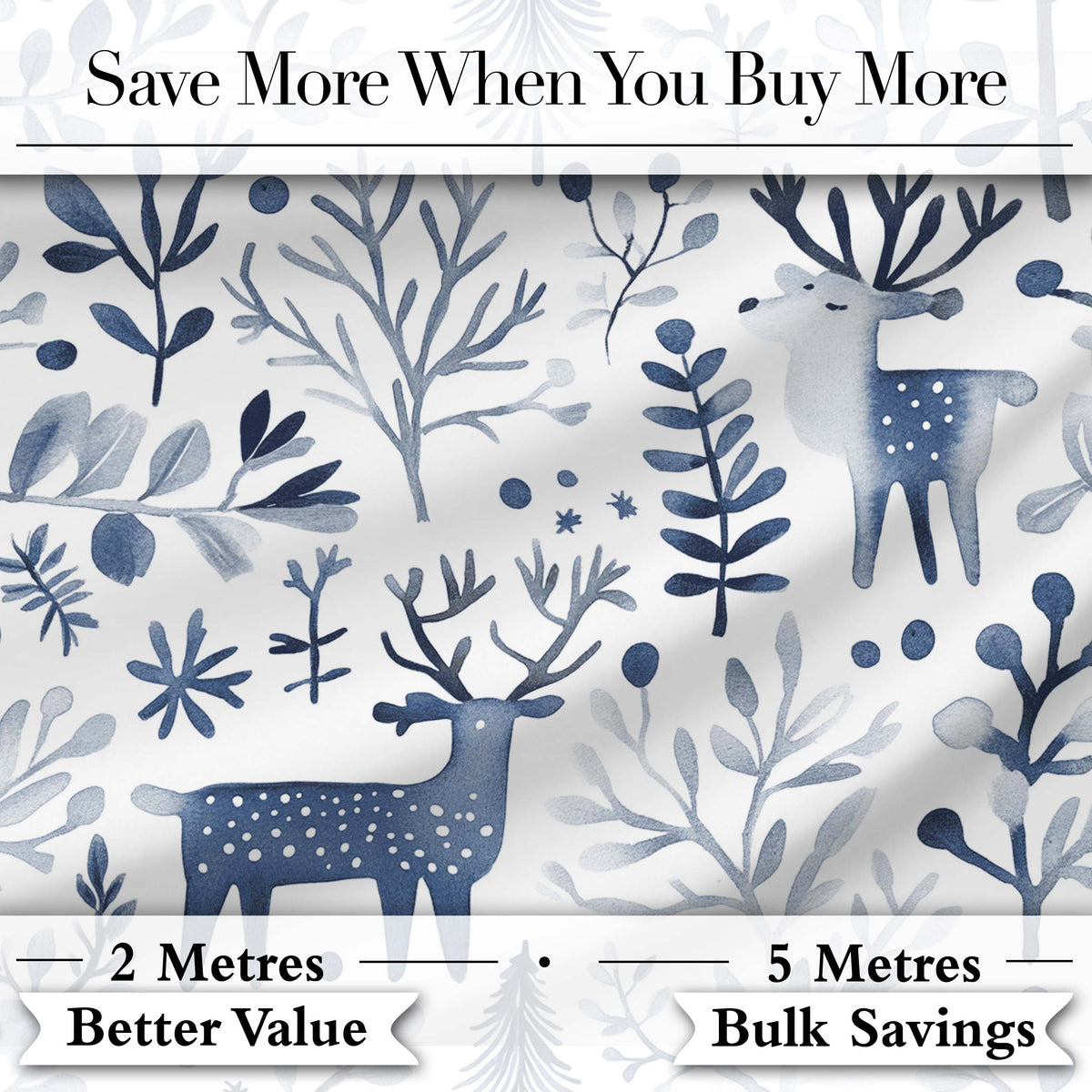 Minimal Nordic Deer Botanical Blue Grey Seamless Pattern Digital Print Fabric by the Metre UK Sewing Quilting Textile