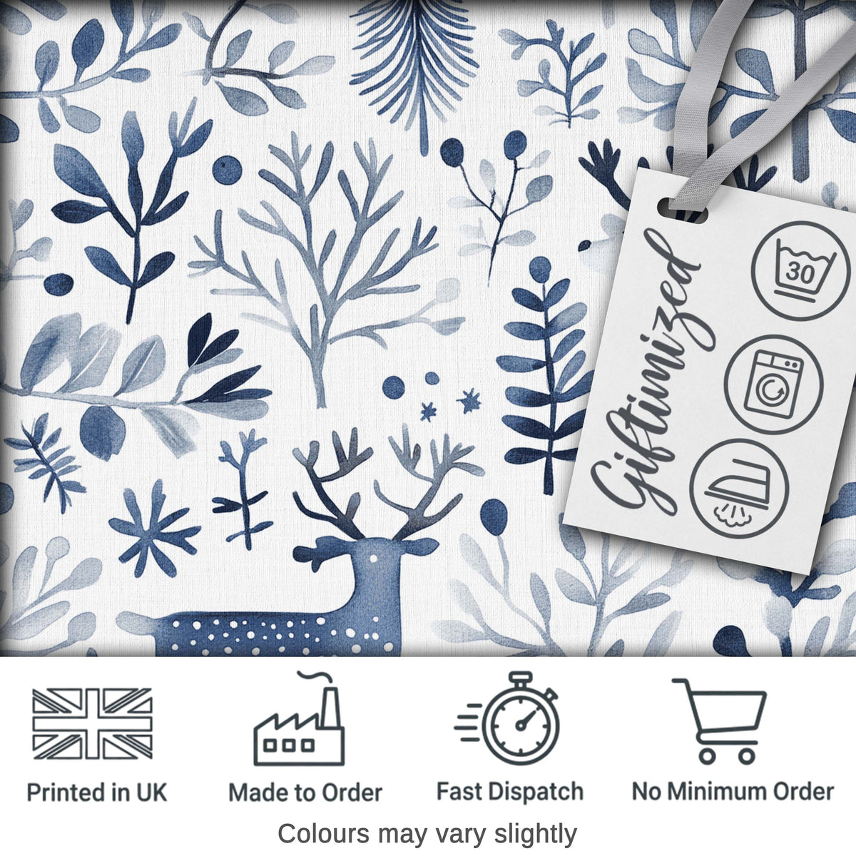 Minimal Nordic Deer Botanical Blue Grey Seamless Pattern Digital Print Fabric by the Metre UK Sewing Quilting Textile