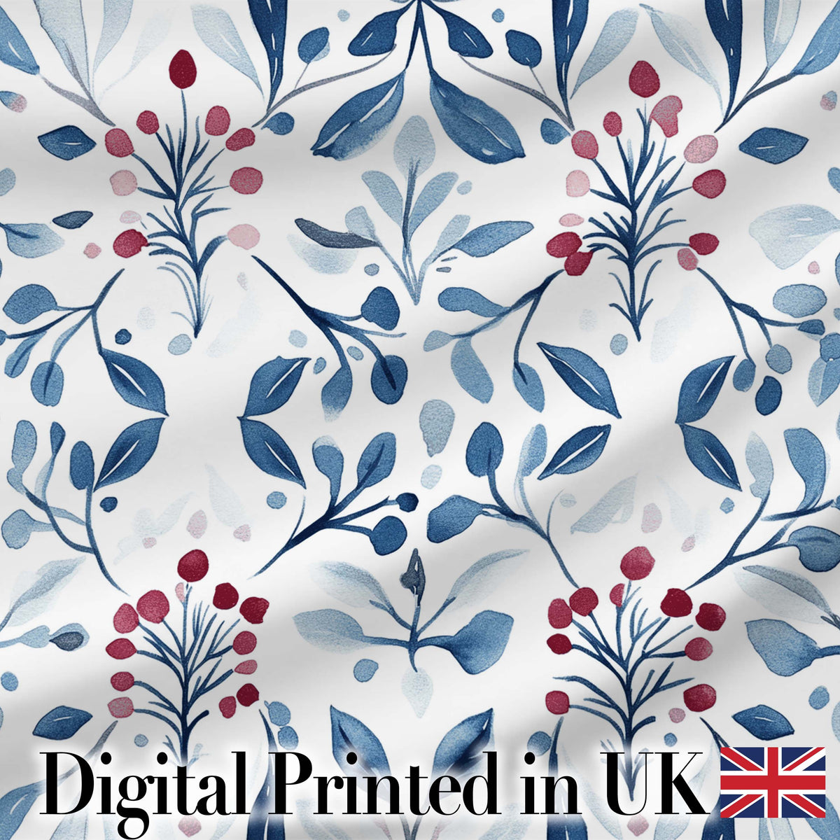 Blue Red Berry Botanical Folk Art Seamless Pattern Digital Print Fabric by the Metre UK Sewing Quilting Textile