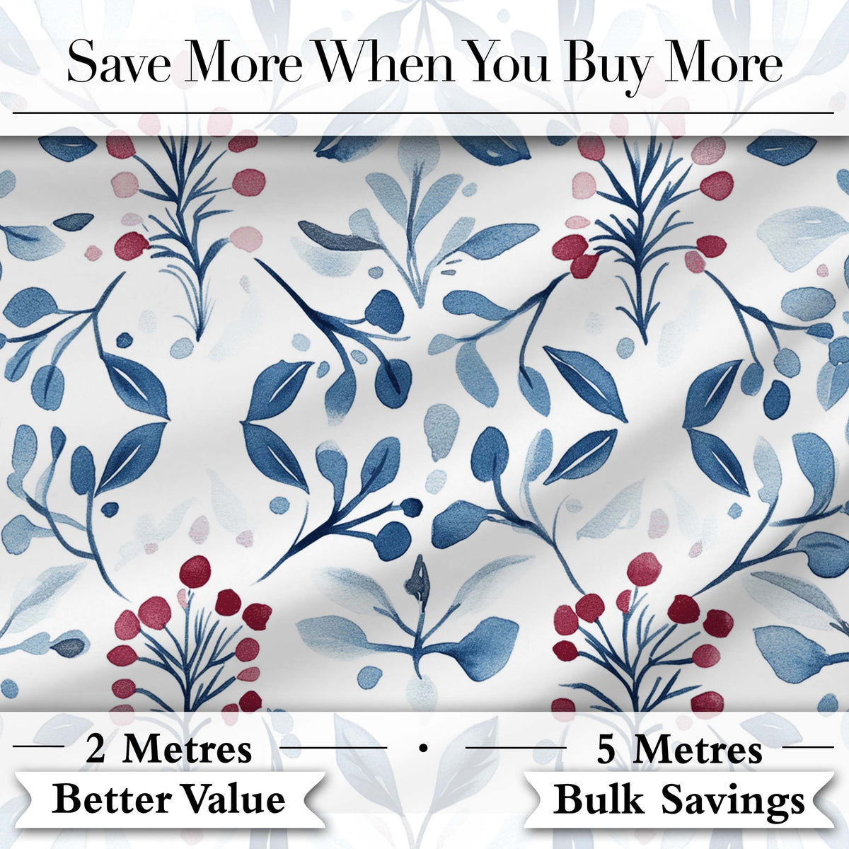 Blue Red Berry Botanical Folk Art Seamless Pattern Digital Print Fabric by the Metre UK Sewing Quilting Textile