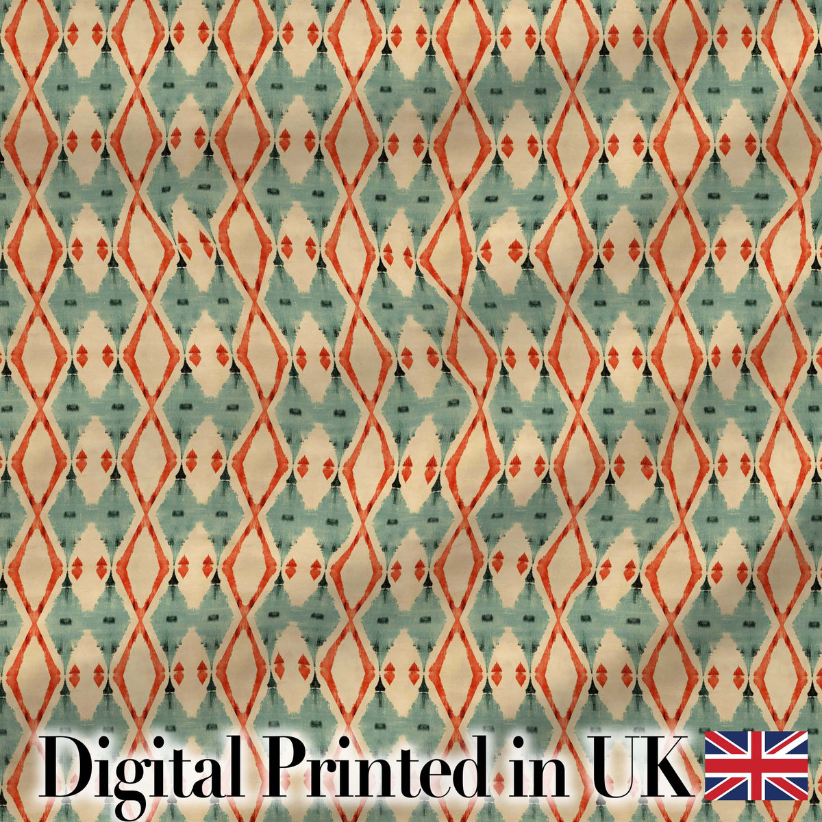 Tribal Ikat Diamond Red Green Beige Seamless Pattern Digital Print Fabric by the Metre UK Sewing Quilting Textile