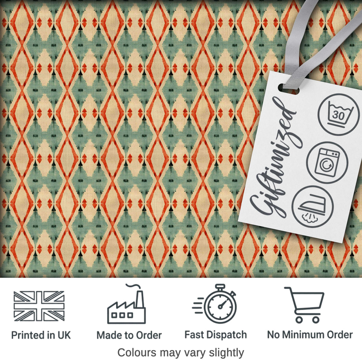 Tribal Ikat Diamond Red Green Beige Seamless Pattern Digital Print Fabric by the Metre UK Sewing Quilting Textile