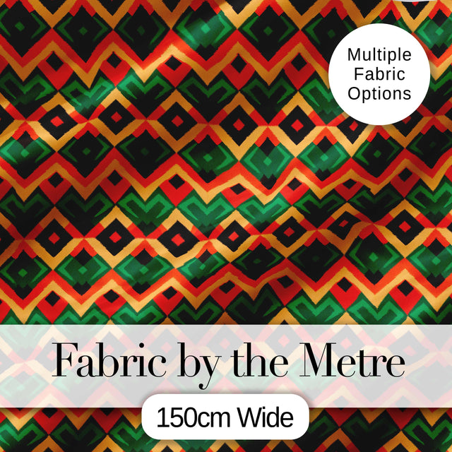 Bold Geometric Tribal Diamond Red Green Seamless Pattern Digital Print Fabric by the Metre UK Sewing Quilting Textile