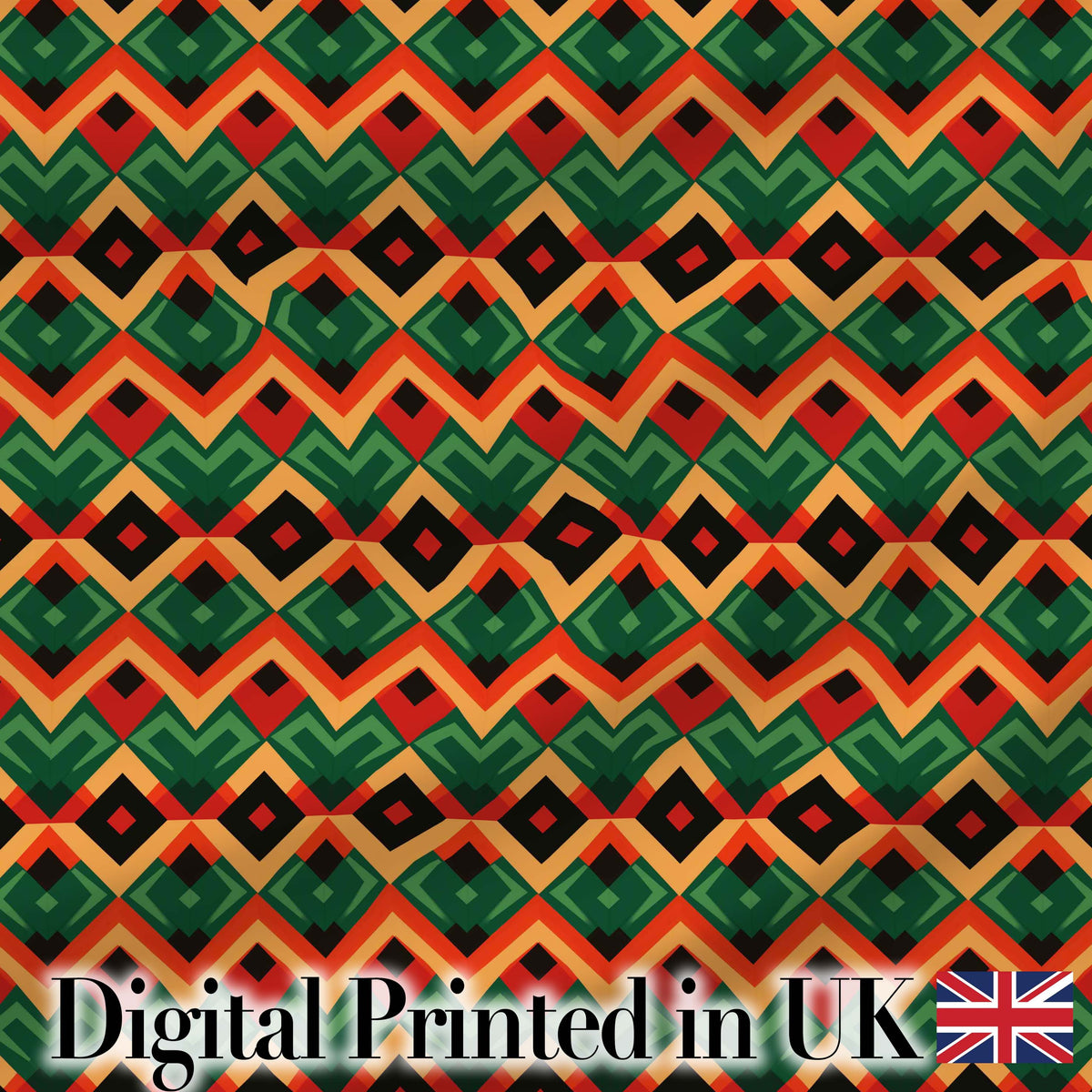 Bold Geometric Tribal Diamond Red Green Seamless Pattern Digital Print Fabric by the Metre UK Sewing Quilting Textile