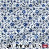 Blue Floral Folk Art Botanical Seamless Pattern Digital Print Fabric by the Metre UK Sewing Quilting Textile