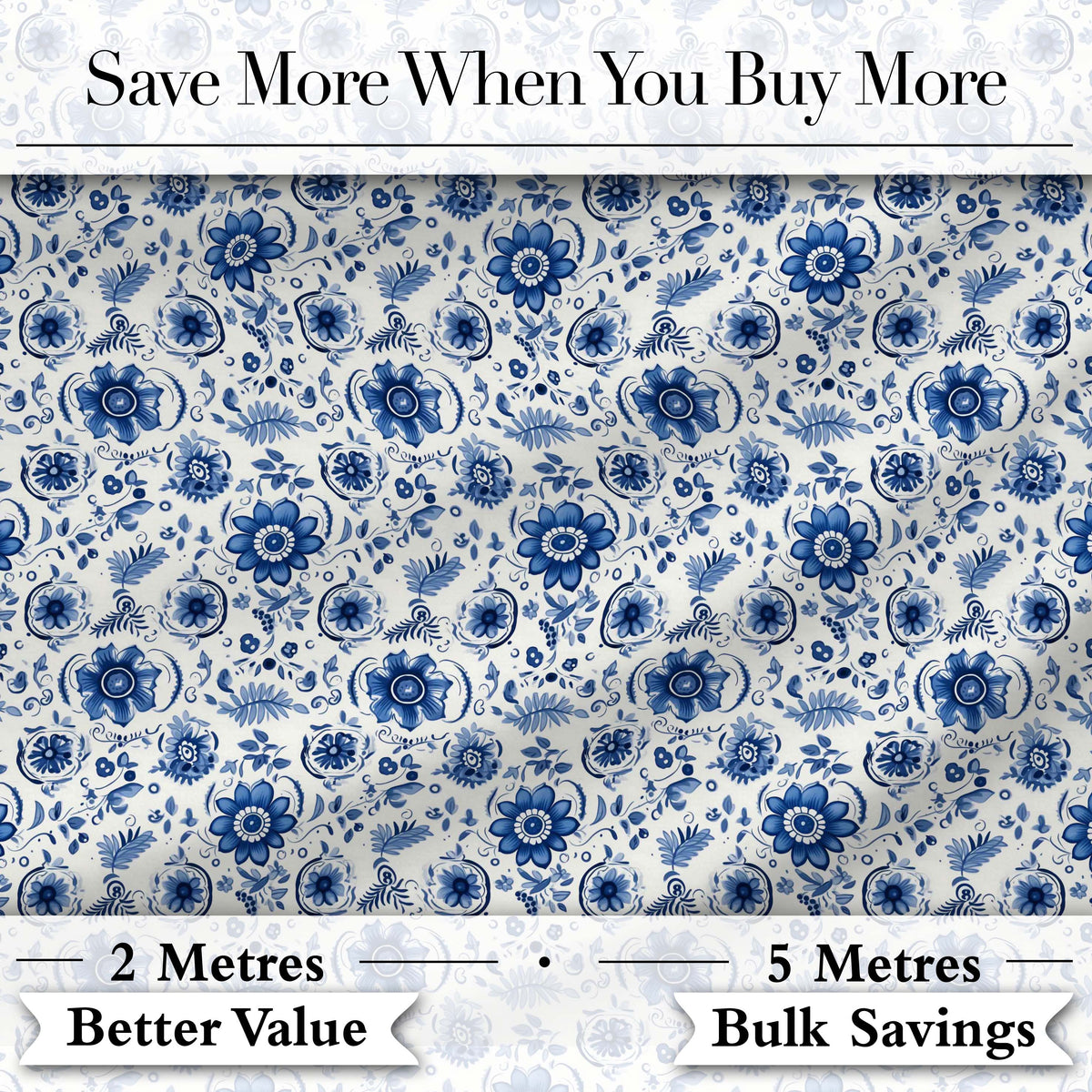 Blue Floral Folk Art Botanical Seamless Pattern Digital Print Fabric by the Metre UK Sewing Quilting Textile