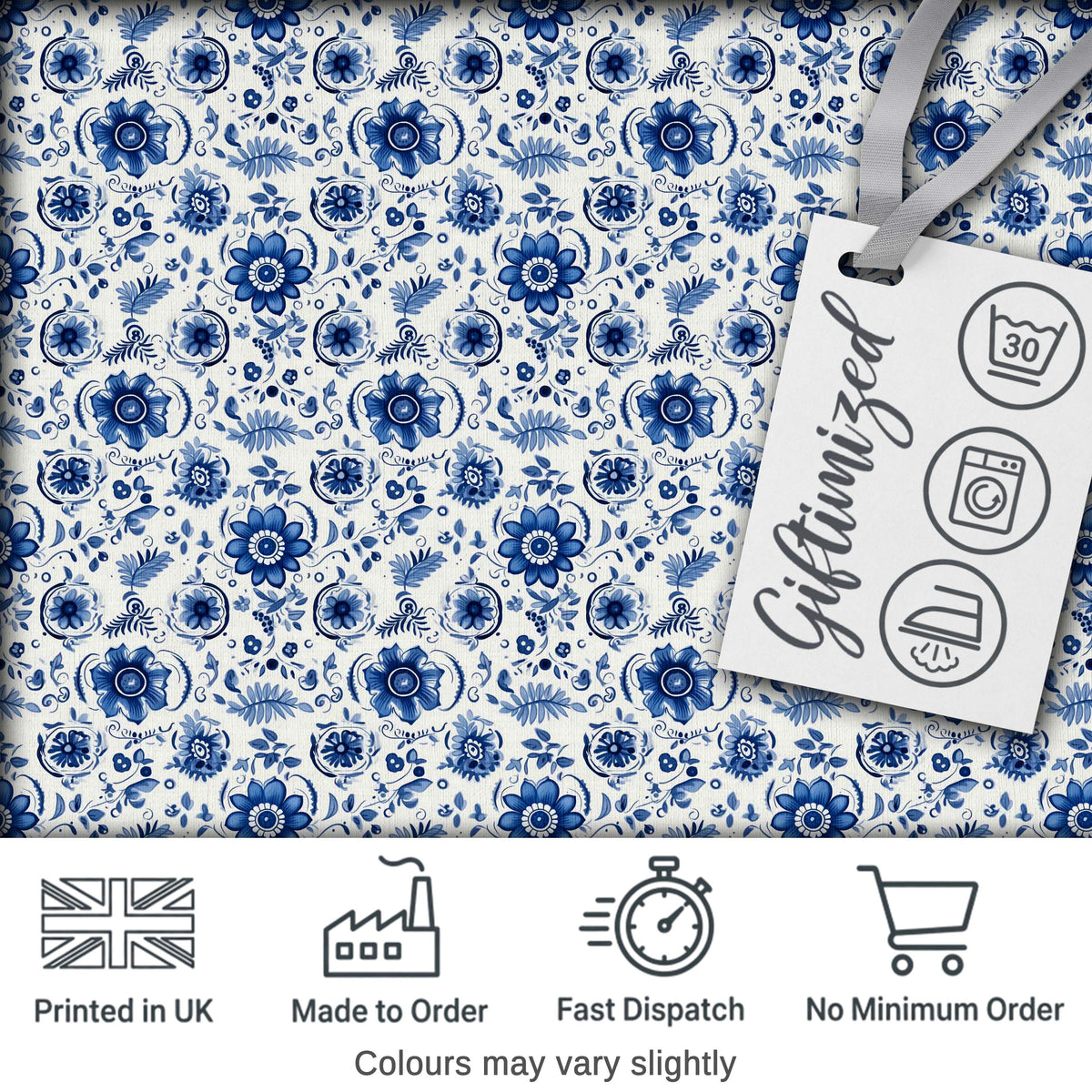 Blue Floral Folk Art Botanical Seamless Pattern Digital Print Fabric by the Metre UK Sewing Quilting Textile