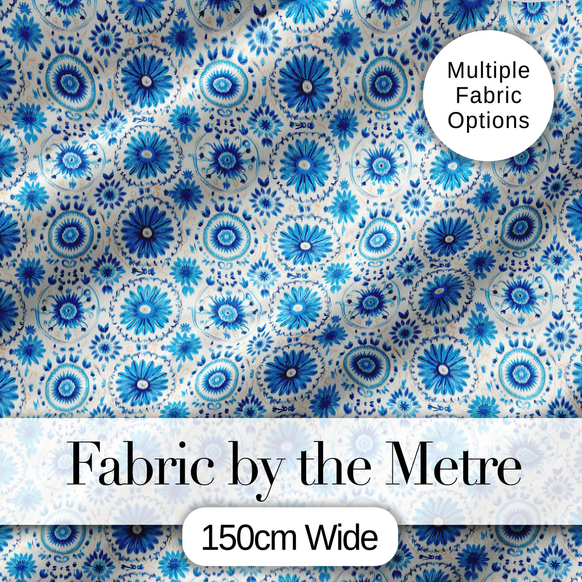 Blue Circular Floral Mandala Seamless Pattern Digital Print Fabric by the Metre UK Sewing Quilting Textile