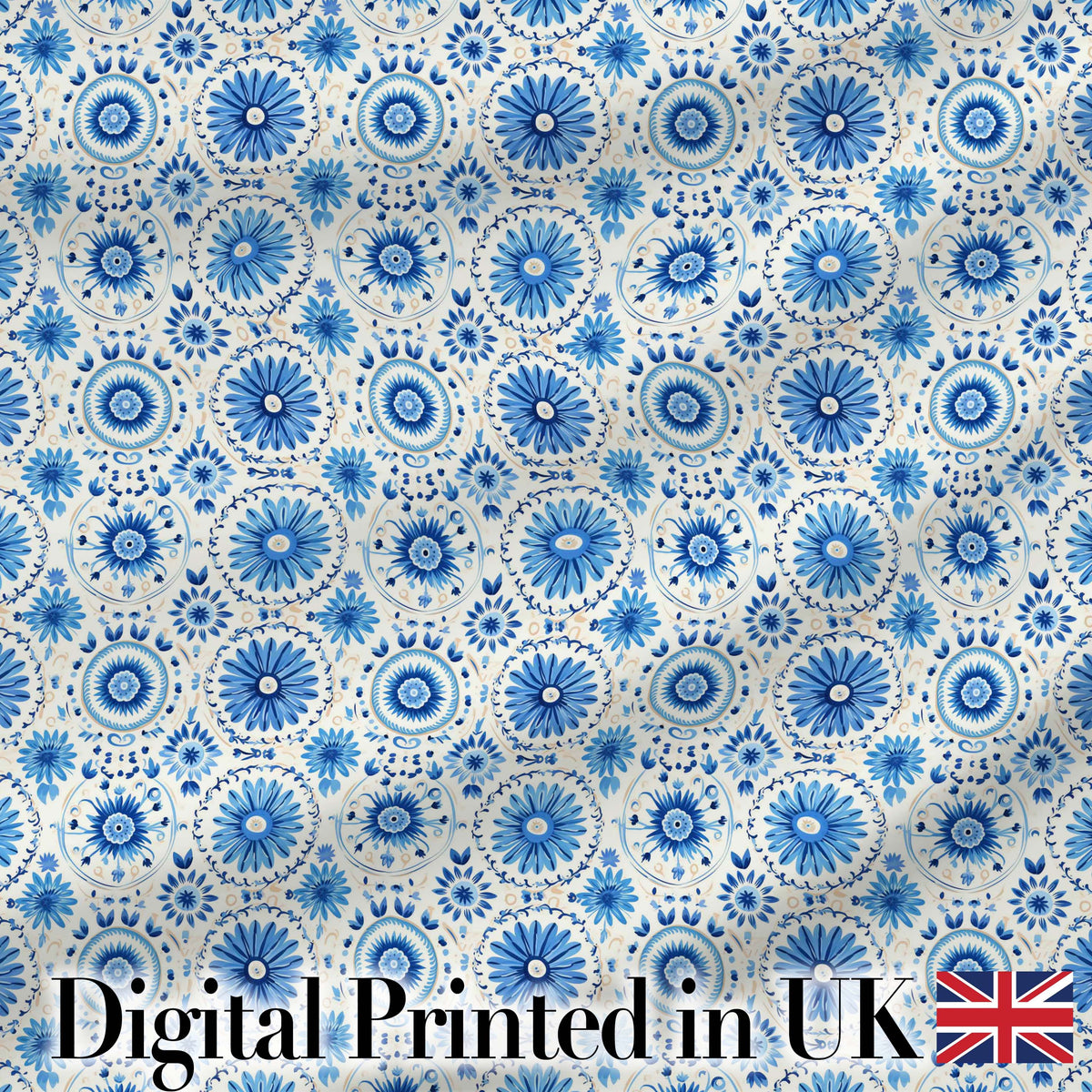 Blue Circular Floral Mandala Seamless Pattern Digital Print Fabric by the Metre UK Sewing Quilting Textile