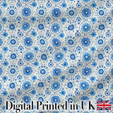 Blue Circular Floral Mandala Seamless Pattern Digital Print Fabric by the Metre UK Sewing Quilting Textile