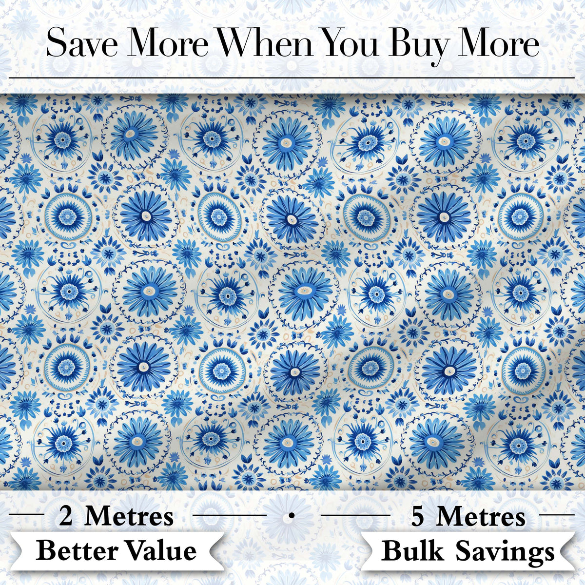 Blue Circular Floral Mandala Seamless Pattern Digital Print Fabric by the Metre UK Sewing Quilting Textile