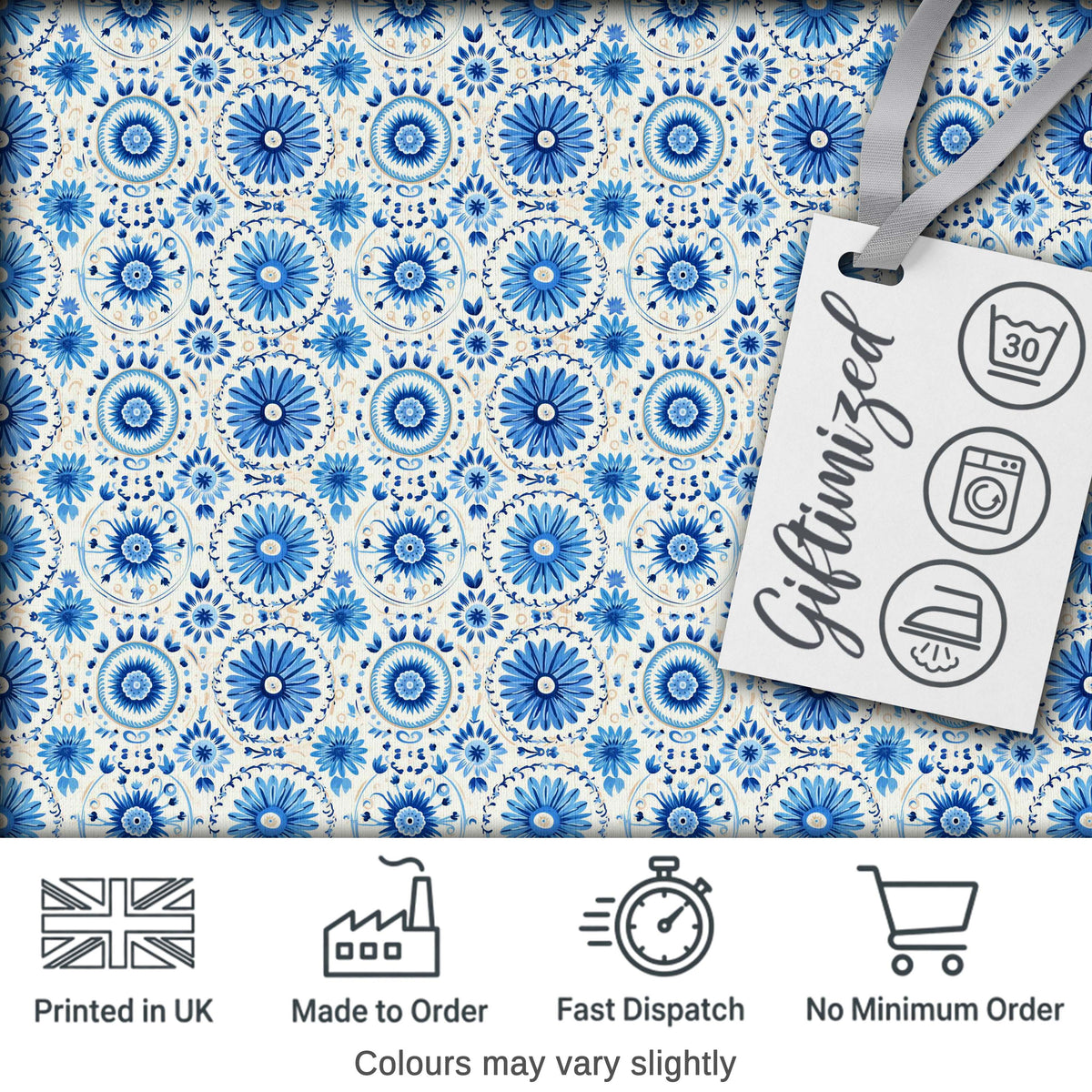 Blue Circular Floral Mandala Seamless Pattern Digital Print Fabric by the Metre UK Sewing Quilting Textile
