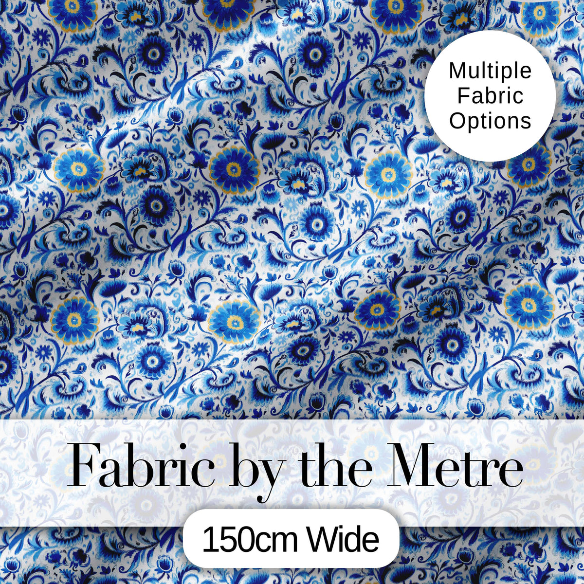 Blue Floral Vintage Folk Art Seamless Pattern Digital Print Fabric by the Metre UK Sewing Quilting Textile