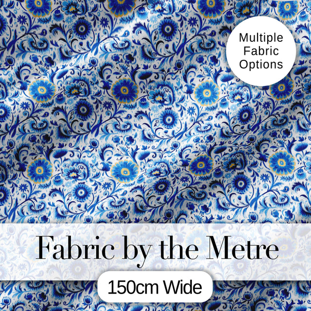 Blue Floral Vintage Folk Art Seamless Pattern Digital Print Fabric by the Metre UK Sewing Quilting Textile