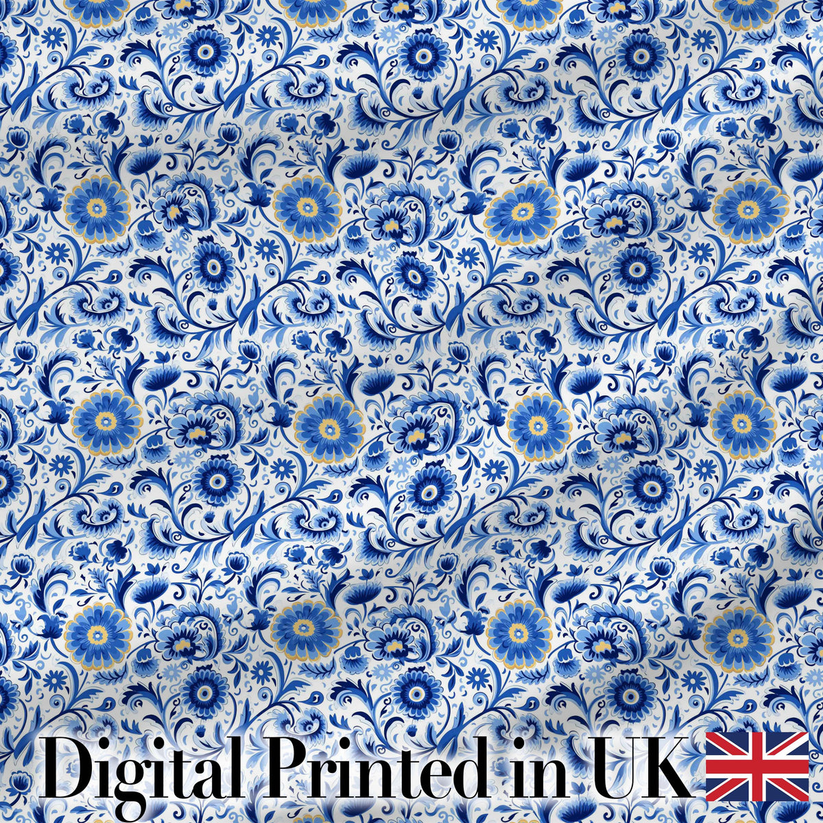 Blue Floral Vintage Folk Art Seamless Pattern Digital Print Fabric by the Metre UK Sewing Quilting Textile