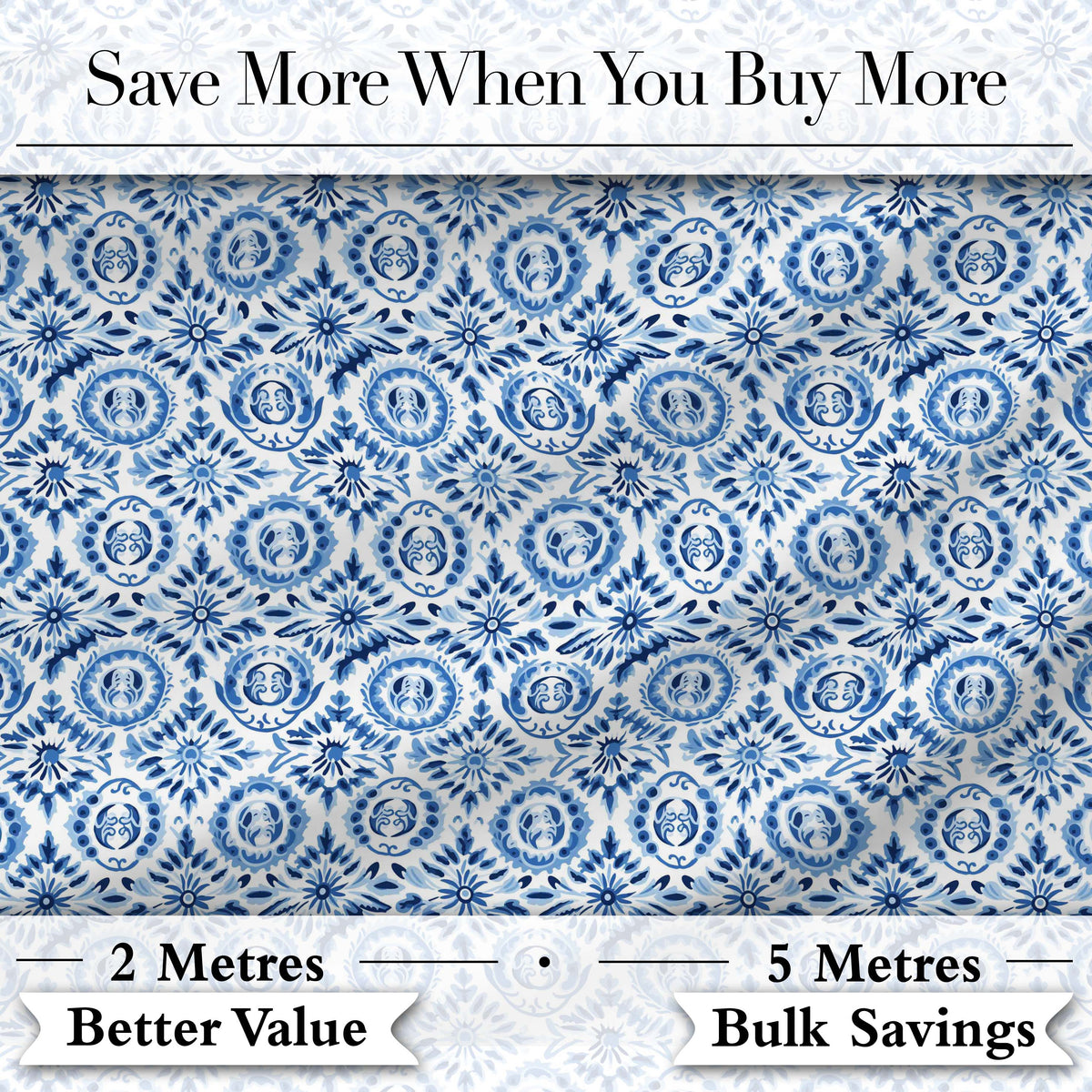 Blue Folk Art Ornamental Seamless Pattern Digital Print Fabric by the Metre UK Sewing Quilting Textile