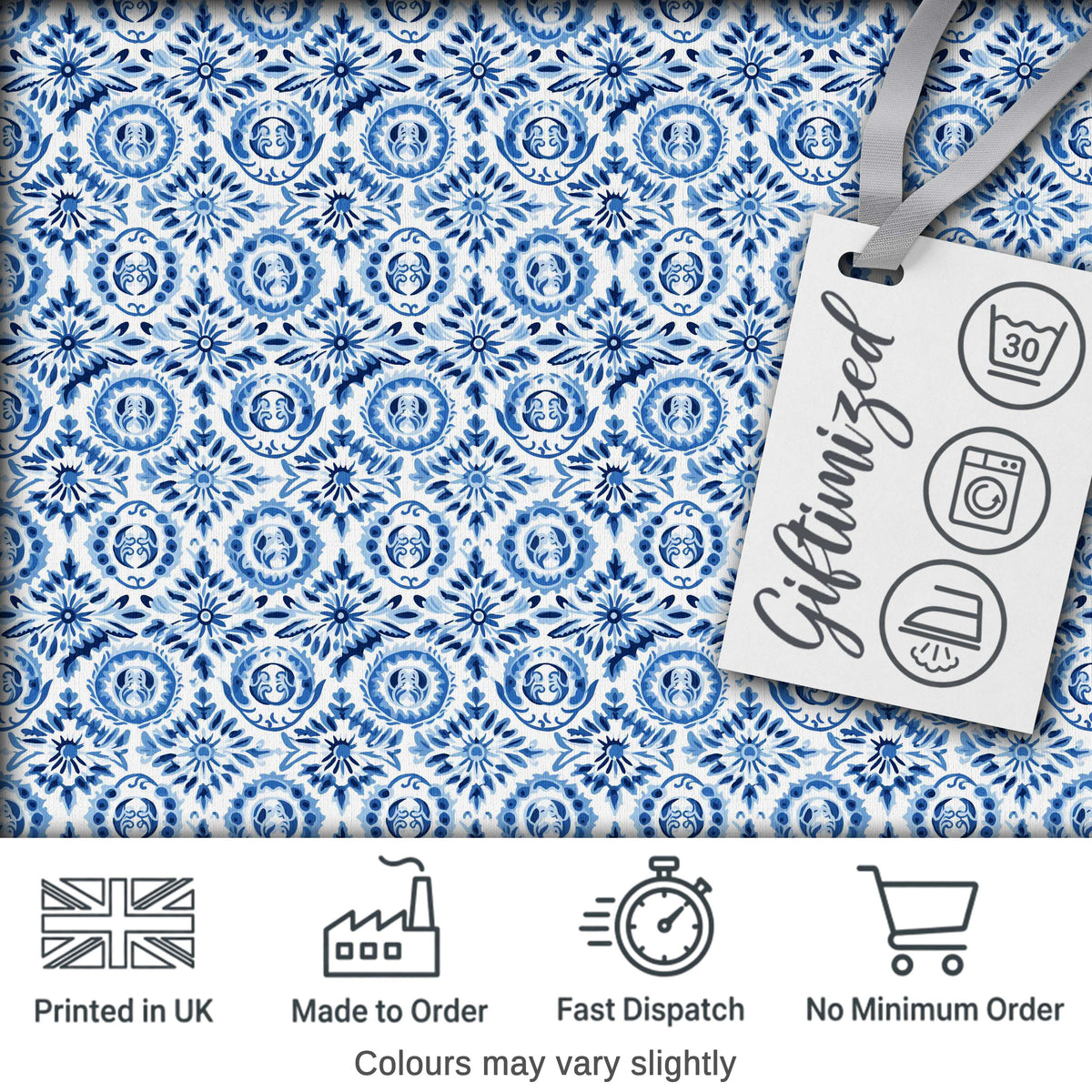 Blue Folk Art Ornamental Seamless Pattern Digital Print Fabric by the Metre UK Sewing Quilting Textile