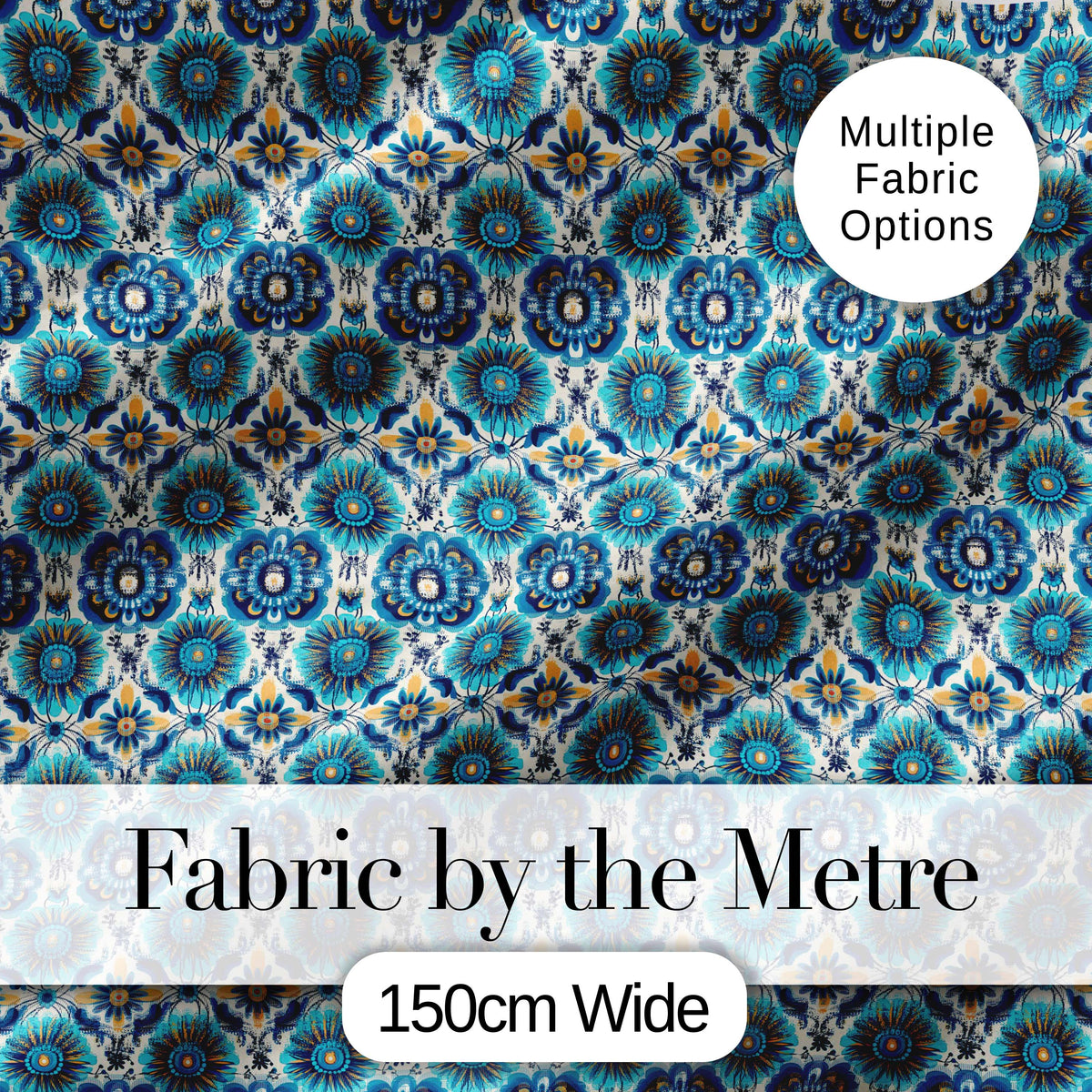 Blue  Floral Geometric Tile Seamless Pattern Digital Print Fabric by the Metre UK Sewing Quilting Textile