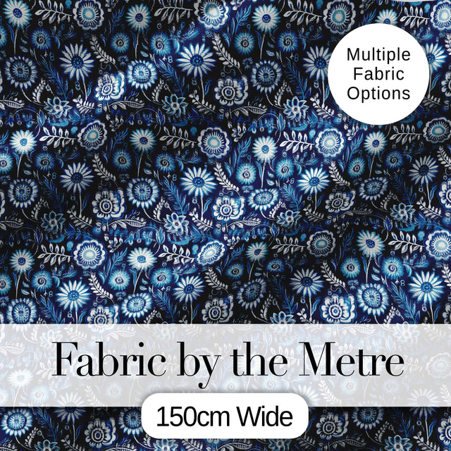 Navy Blue Floral Meadow Botanical Seamless Pattern Digital Print Fabric by the Metre UK Sewing Quilting Textile