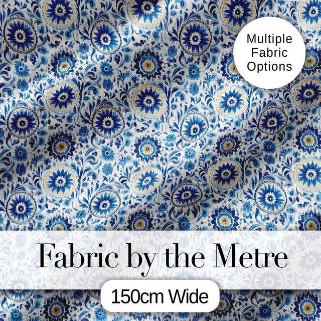 Blue Ornamental Folk Floral Seamless Pattern Digital Print Fabric by the Metre UK Sewing Quilting Textile