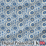 Blue Ornamental Folk Floral Seamless Pattern Digital Print Fabric by the Metre UK Sewing Quilting Textile
