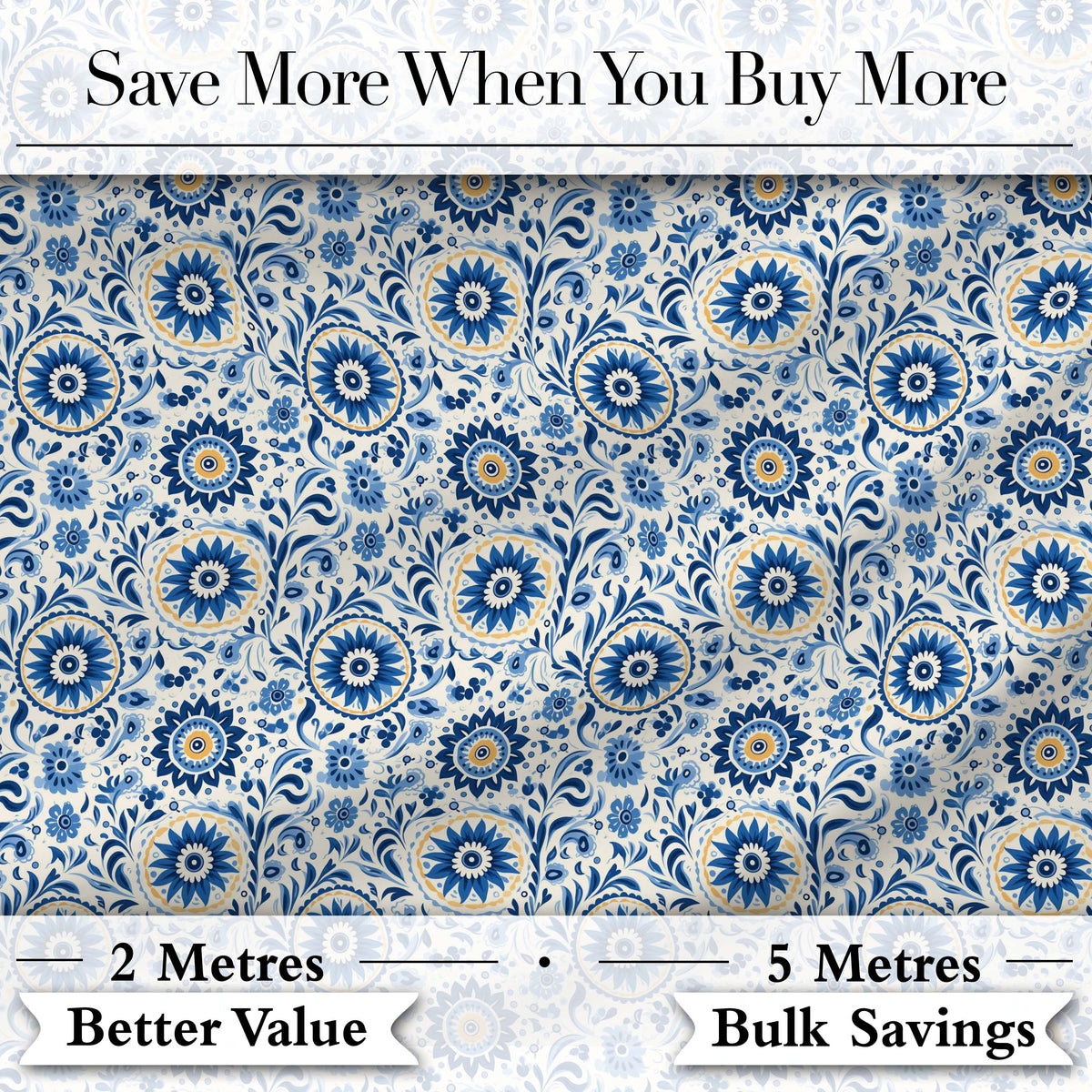 Blue Ornamental Folk Floral Seamless Pattern Digital Print Fabric by the Metre UK Sewing Quilting Textile