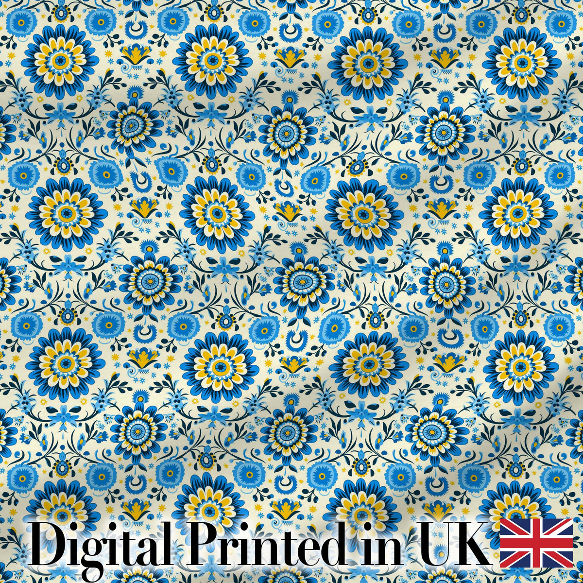 Blue Yellow Folk Art Floral Seamless Pattern Digital Print Fabric by the Metre UK Sewing Quilting Textile