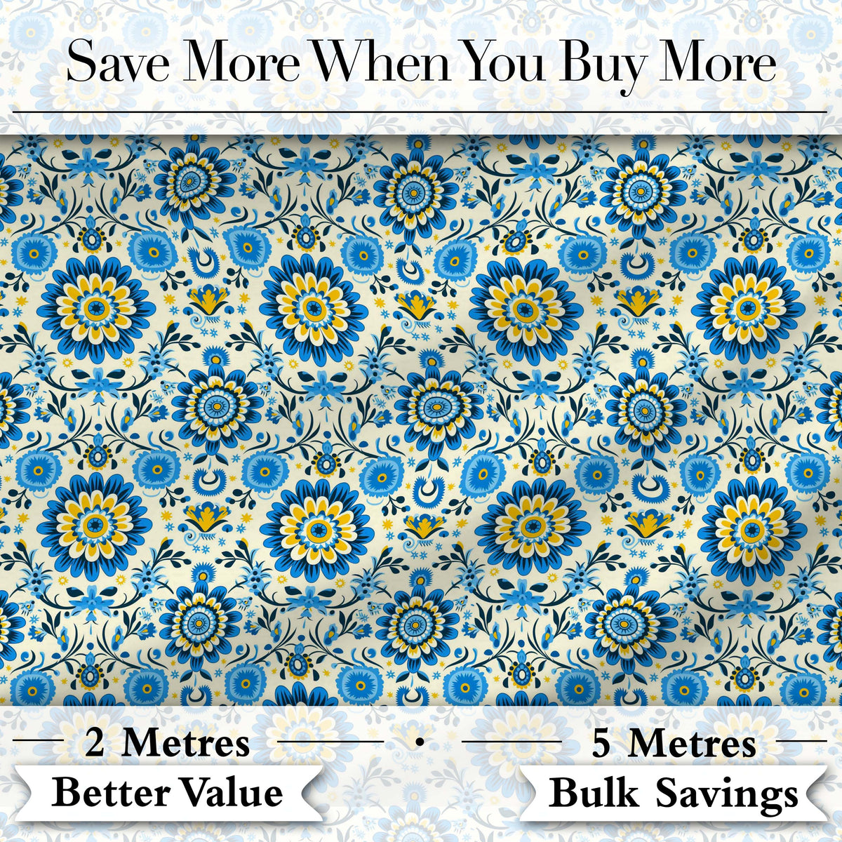 Blue Yellow Folk Art Floral Seamless Pattern Digital Print Fabric by the Metre UK Sewing Quilting Textile