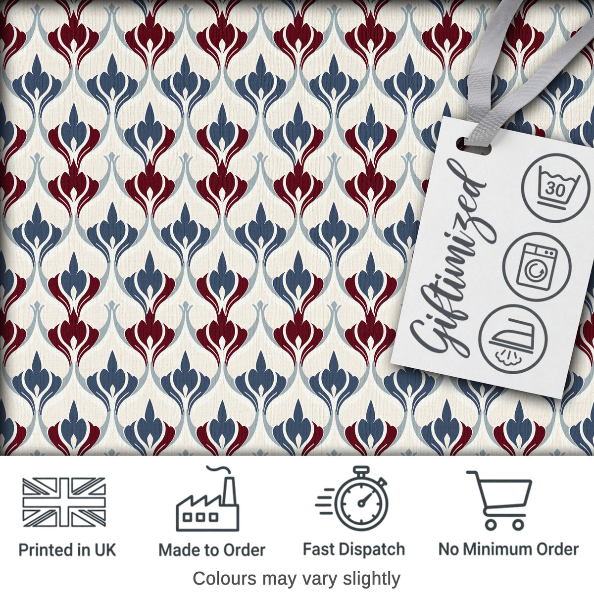 Minimal Red Blue Folk Motif Seamless Pattern Digital Print Fabric by the Metre UK Sewing Quilting Textile