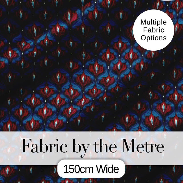 Dark Red Blue Ornate Floral Damask Seamless Pattern Digital Print Fabric by the Metre UK Sewing Quilting Textile