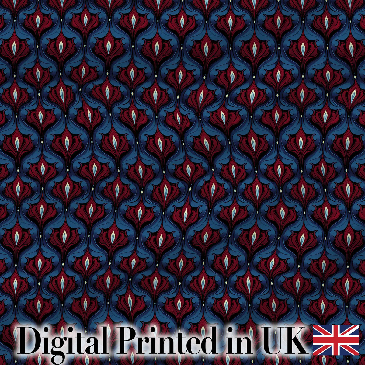 Dark Red Blue Ornate Floral Damask Seamless Pattern Digital Print Fabric by the Metre UK Sewing Quilting Textile