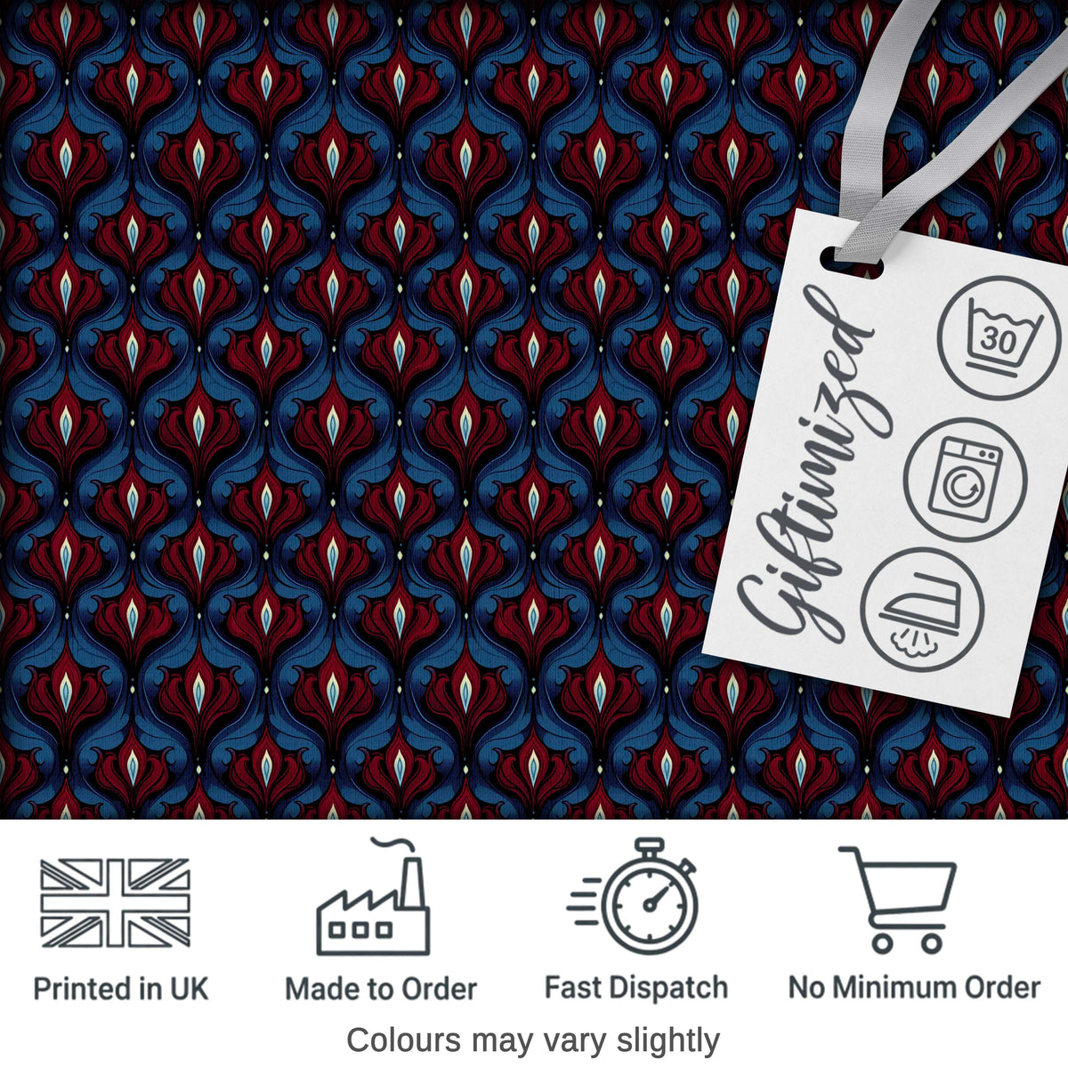 Dark Red Blue Ornate Floral Damask Seamless Pattern Digital Print Fabric by the Metre UK Sewing Quilting Textile