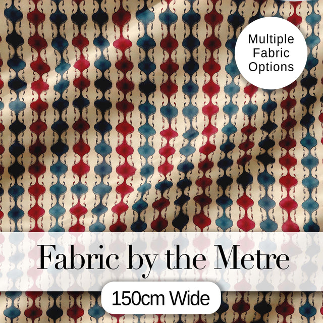 Vintage Red Blue Vertical Wave Motif Seamless Pattern Digital Print Fabric by the Metre UK Sewing Quilting Textile