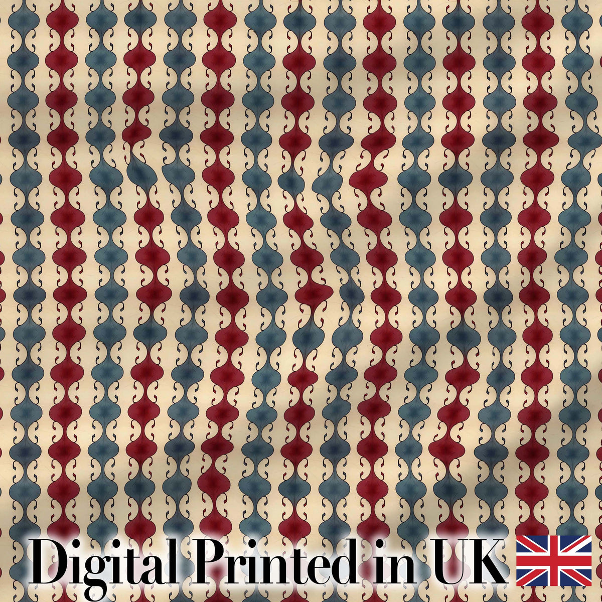 Vintage Red Blue Vertical Wave Motif Seamless Pattern Digital Print Fabric by the Metre UK Sewing Quilting Textile