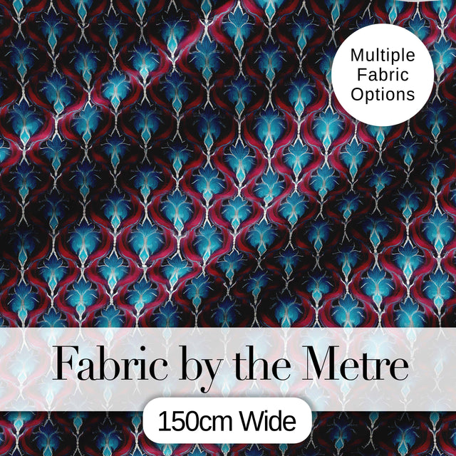 Elegant Red Blue Diamond Floral Seamless Pattern Digital Print Fabric by the Metre UK Sewing Quilting Textile
