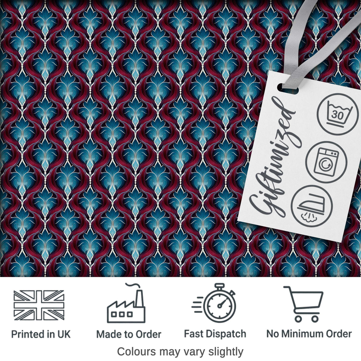 Elegant Red Blue Diamond Floral Seamless Pattern Digital Print Fabric by the Metre UK Sewing Quilting Textile