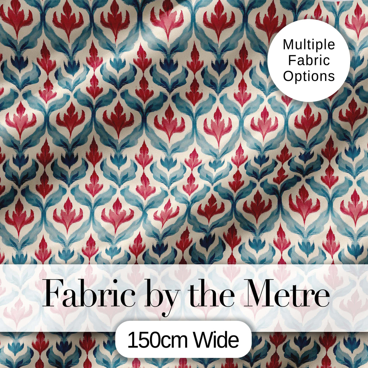 Soft Red Blue Botanical Leaf Repeat Seamless Pattern Digital Print Fabric by the Metre UK Sewing Quilting Textile