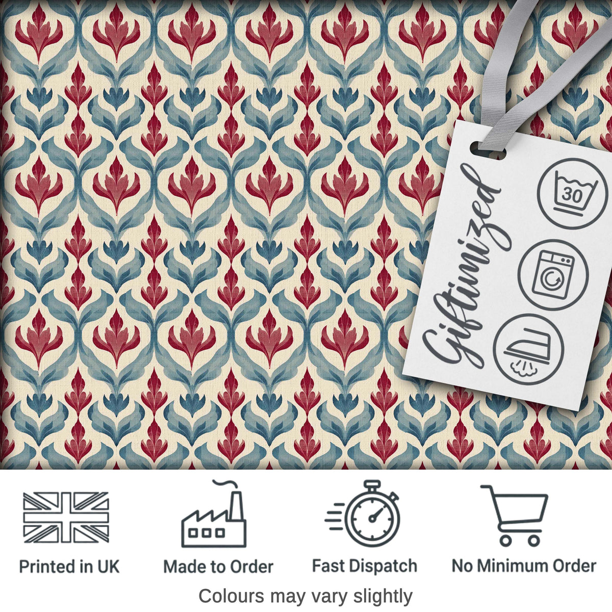 Soft Red Blue Botanical Leaf Repeat Seamless Pattern Digital Print Fabric by the Metre UK Sewing Quilting Textile
