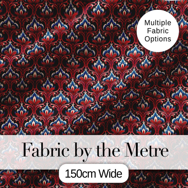 Elegant Vintage Damask Floral Pattern in Red Blue and Cream Seamless Design Digital Print Fabric by the Metre UK Sewing Quilting Textile