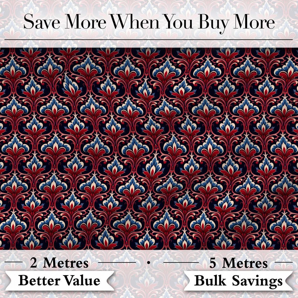 Elegant Vintage Damask Floral Pattern in Red Blue and Cream Seamless Design Digital Print Fabric by the Metre UK Sewing Quilting Textile