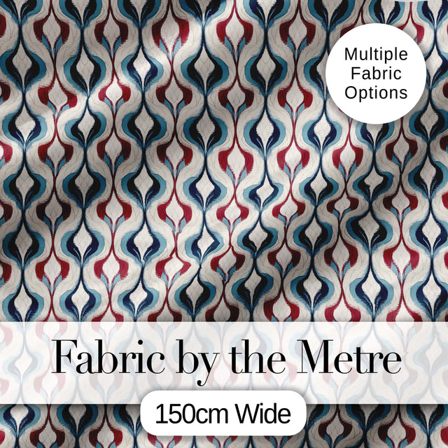 Wavy Abstract Leaf Pattern in Blue Red and Cream Seamless Design Digital Print Fabric by the Metre UK Sewing Quilting Textile