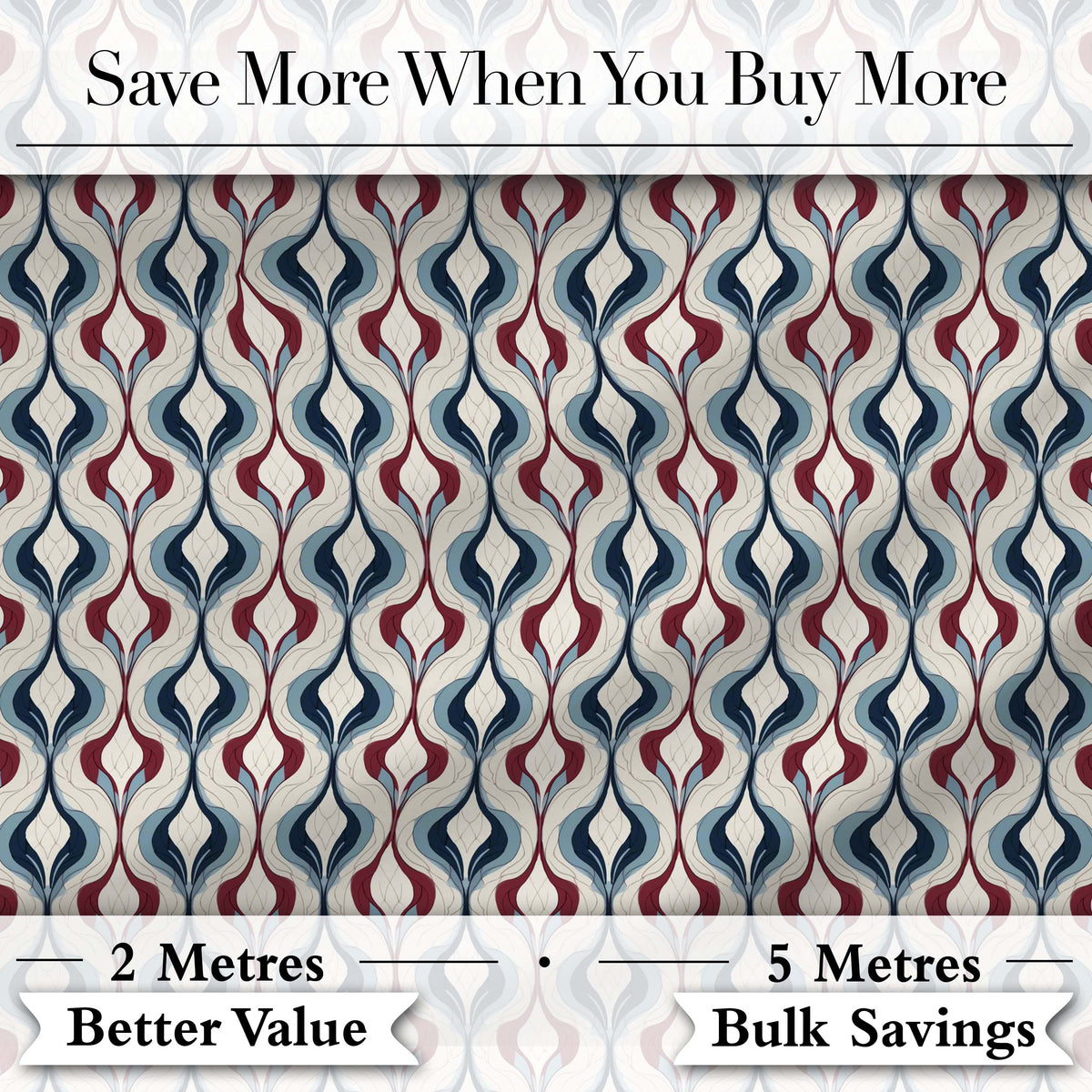 Wavy Abstract Leaf Pattern in Blue Red and Cream Seamless Design Digital Print Fabric by the Metre UK Sewing Quilting Textile