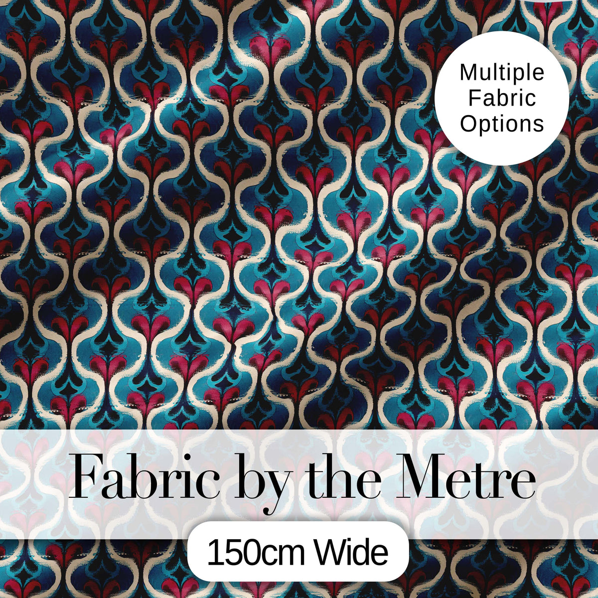 Stylish Geometric Teardrop Pattern in Blue Red and Cream Seamless Design Digital Print Fabric by the Metre UK Sewing Quilting Textile