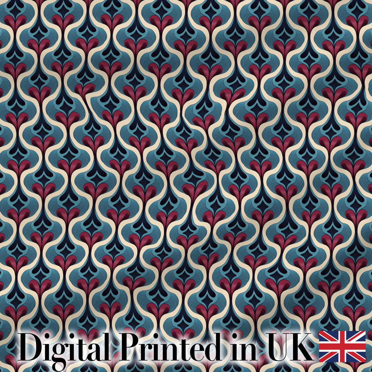 Stylish Geometric Teardrop Pattern in Blue Red and Cream Seamless Design Digital Print Fabric by the Metre UK Sewing Quilting Textile