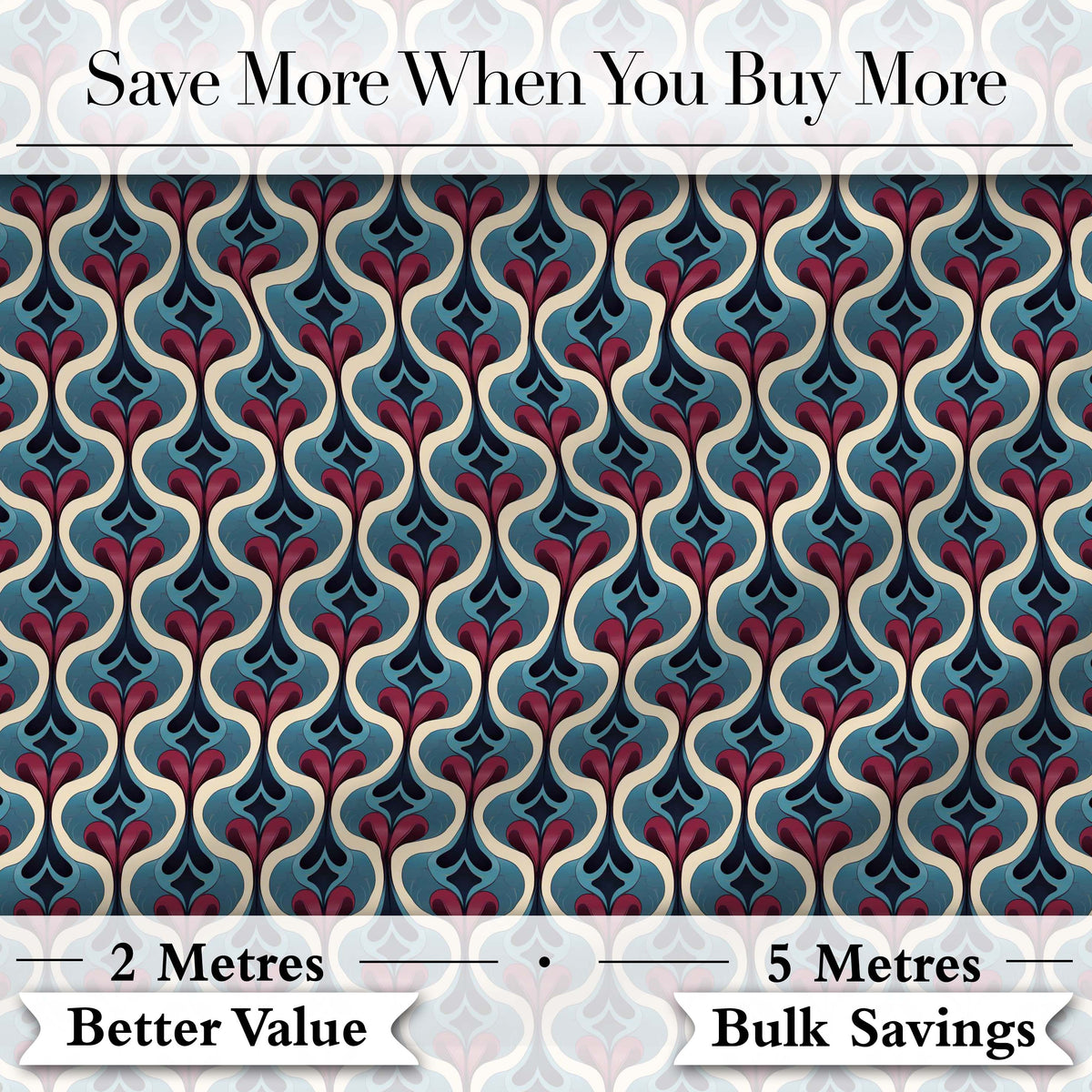 Stylish Geometric Teardrop Pattern in Blue Red and Cream Seamless Design Digital Print Fabric by the Metre UK Sewing Quilting Textile