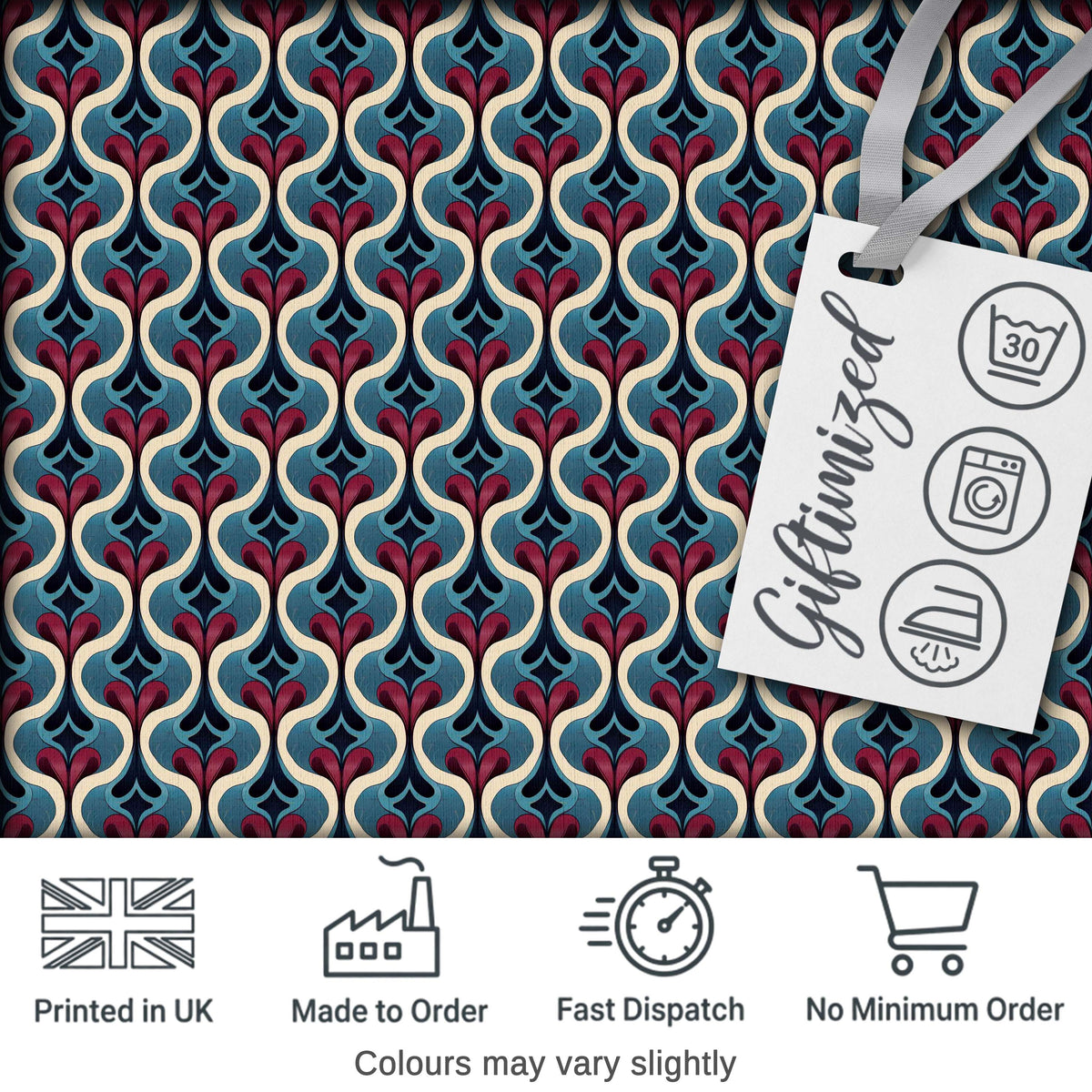 Stylish Geometric Teardrop Pattern in Blue Red and Cream Seamless Design Digital Print Fabric by the Metre UK Sewing Quilting Textile