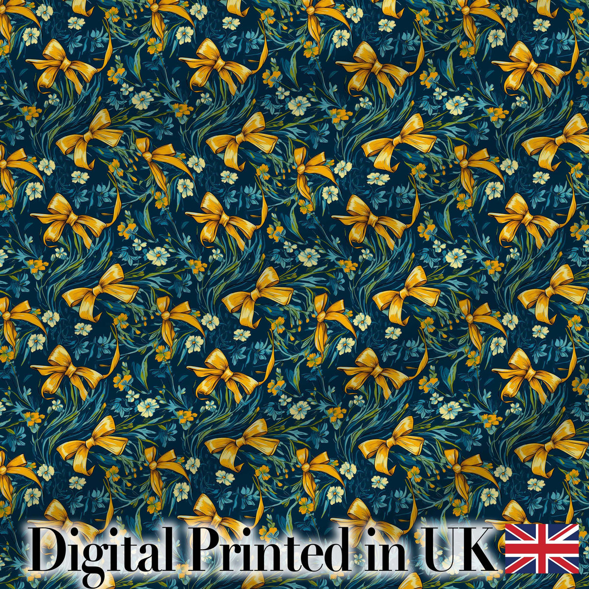 Floral Ribbon and Bow Pattern with Yellow Flowers Seamless Design Digital Print Fabric by the Metre UK Sewing Quilting Textile