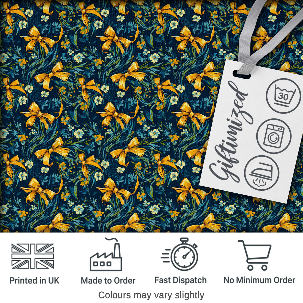 Floral Ribbon and Bow Pattern with Yellow Flowers Seamless Design Digital Print Fabric by the Metre UK Sewing Quilting Textile