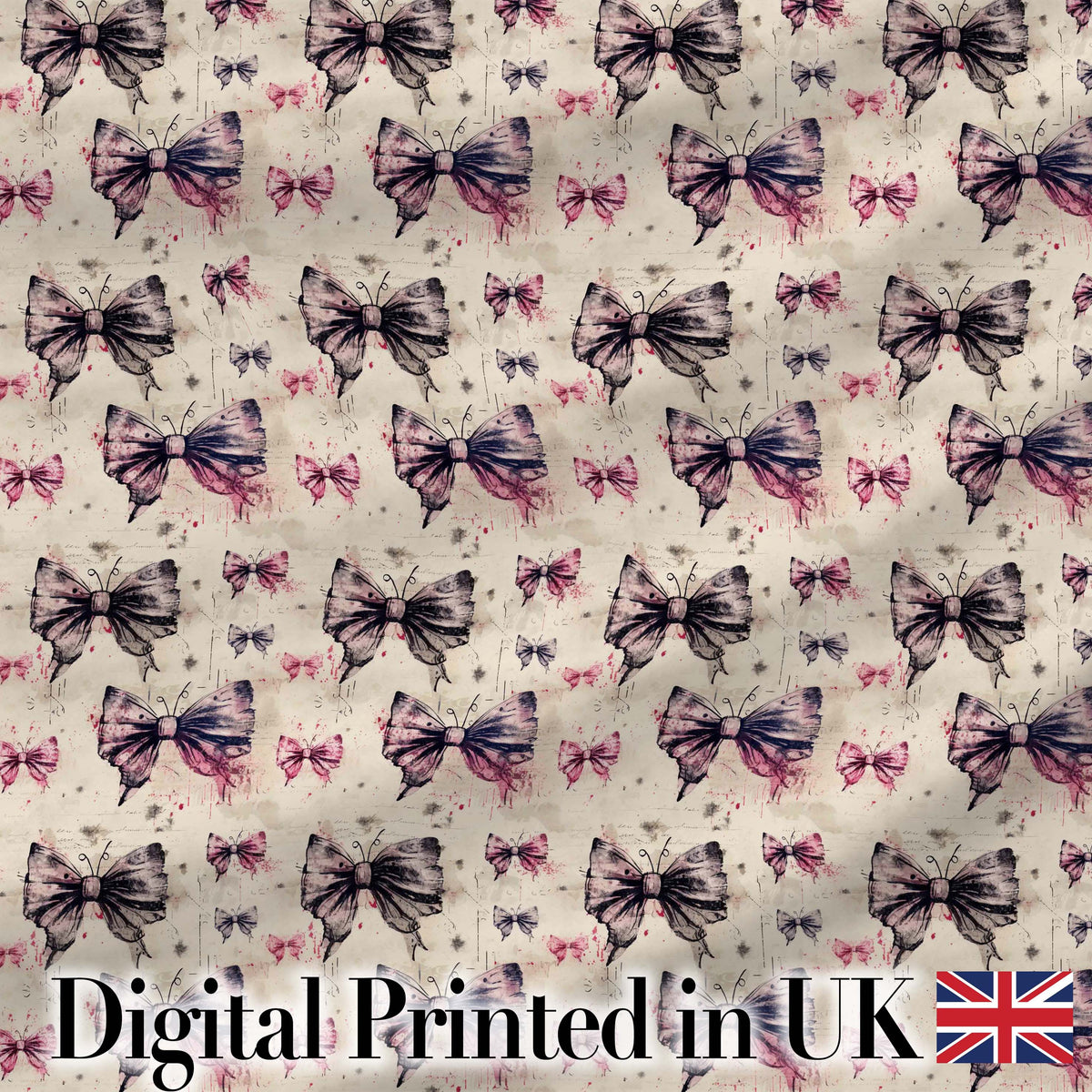 Vintage Butterfly and Bow Sketch Pattern with Grunge Background Seamless Digital Print Fabric by the Metre UK Sewing Quilting Textile